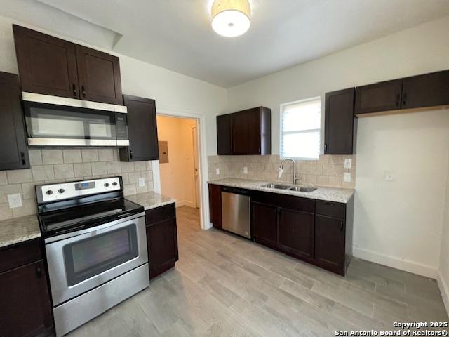 438 Vanderbilt, San Antonio, TX 78210 - kitchen with stainless steel appliances, a sink, dark brown cabinets, and backsplash