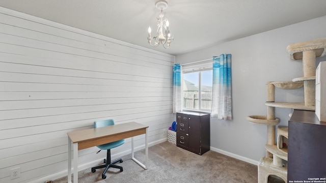 760 Guna, New Braunfels, TX 78130 - office area with a chandelier, carpet, baseboards, and wood walls