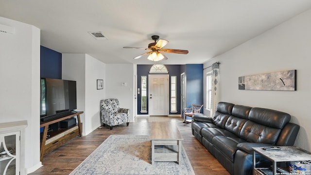 760 Guna, New Braunfels, TX 78130 - living room with a ceiling fan, dark wood-type flooring, and baseboards