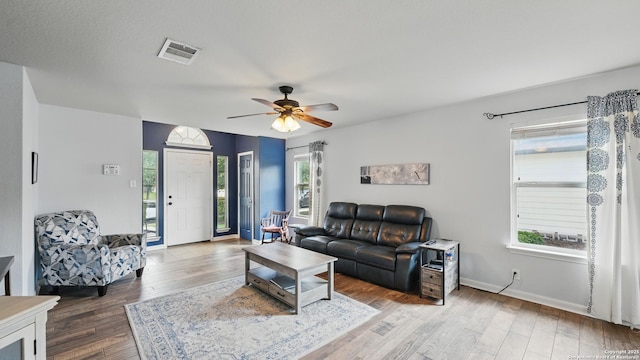 760 Guna, New Braunfels, TX 78130 - living room featuring a ceiling fan, wood finished floors, and baseboards