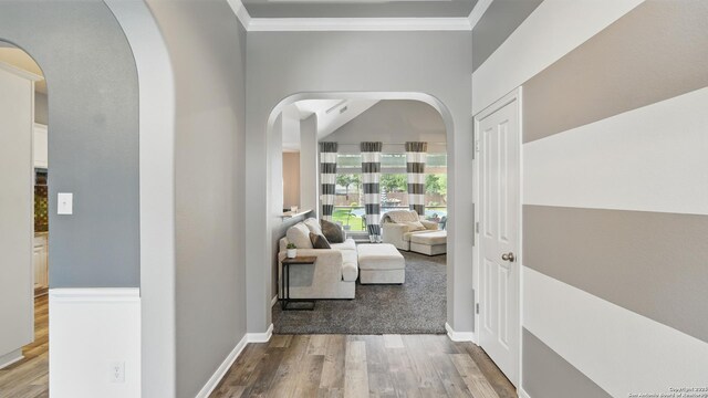 14534 Gunter Ave, San Antonio, TX 78254 - hall featuring arched walkways, wood finished floors, crown molding, and baseboards