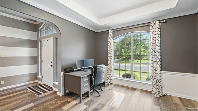 14534 Gunter Ave, San Antonio, TX 78254 - office featuring wood finished floors, a raised ceiling, baseboards, and ornamental molding