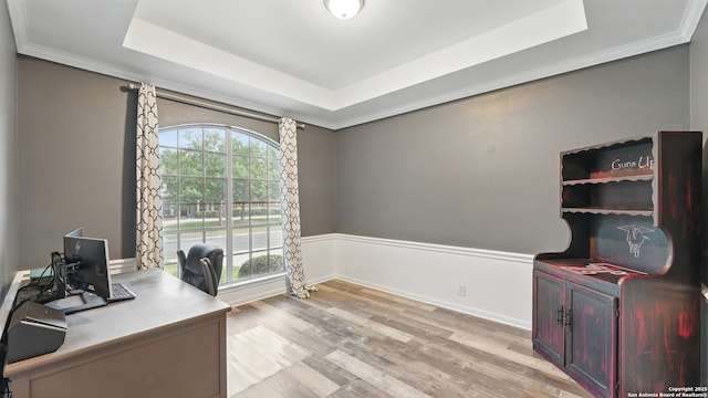 14534 Gunter Ave, San Antonio, TX 78254 - unfurnished office featuring a raised ceiling, light wood-style flooring, crown molding, and baseboards
