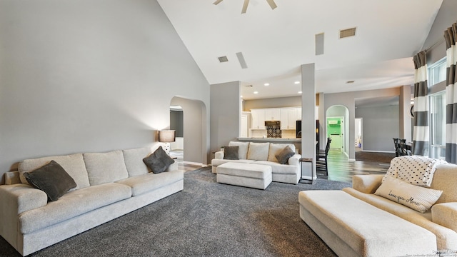 14534 Gunter Ave, San Antonio, TX 78254 - living area featuring arched walkways, high vaulted ceiling, recessed lighting, dark wood finished floors, and a ceiling fan