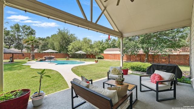 14534 Gunter Ave, San Antonio, TX 78254 - view of patio featuring outdoor lounge area, a grill, and a ceiling fan