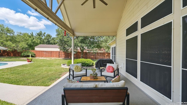 14534 Gunter Ave, San Antonio, TX 78254 - view of patio with an outdoor living space and a ceiling fan