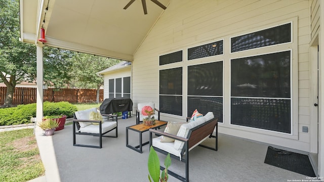 14534 Gunter Ave, San Antonio, TX 78254 - view of patio featuring fence, an outdoor hangout area, a ceiling fan, and grilling area
