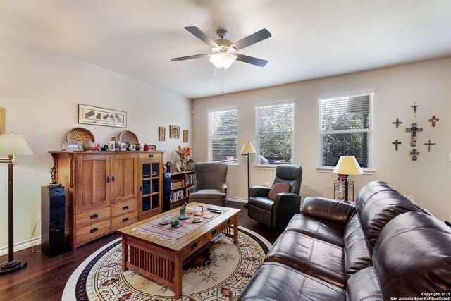 12530 Big Valley Crk, San Antonio, TX 78254 - living room with a ceiling fan, dark wood finished floors, and baseboards