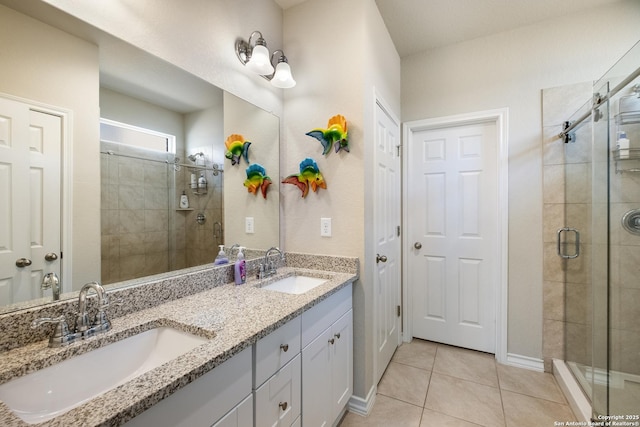 12530 Big Valley Crk, San Antonio, TX 78254 - full bath with a shower stall, tile patterned floors, double vanity, and baseboards