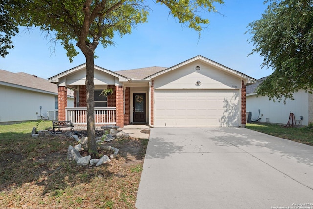 8827 Gallop Chase, San Antonio, TX 78254 - ranch-style house featuring brick siding, covered porch, an attached garage, driveway, and central AC unit