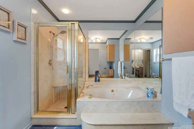 3619 Running Spgs, San Antonio, TX 78261 - full bath featuring a stall shower, a bath, and ornamental molding