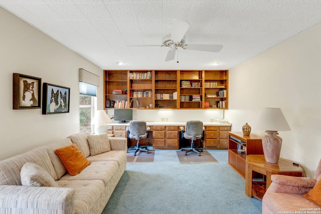 3619 Running Spgs, San Antonio, TX 78261 - office area with built in study area, a ceiling fan, and light carpet