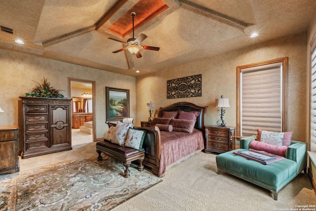 44 Oakland, Boerne, TX 78006 - bedroom featuring light carpet, recessed lighting, connected bathroom, and ceiling fan