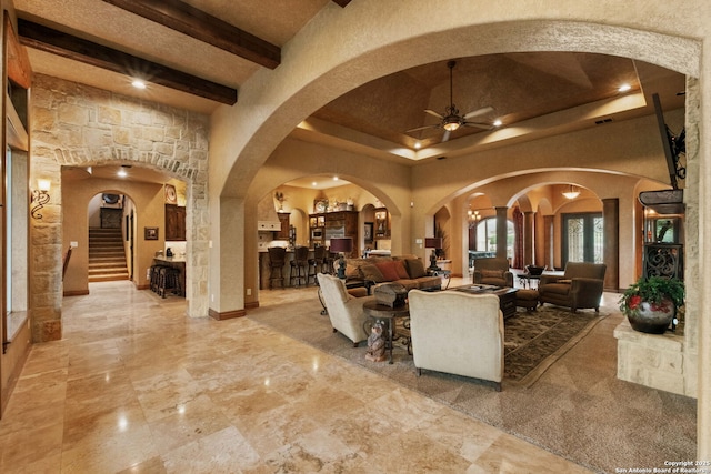 44 Oakland, Boerne, TX 78006 - community lobby featuring beamed ceiling, stairs, and a towering ceiling
