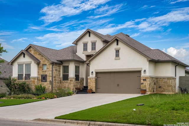 1235 Yaupon, New Braunfels, TX 78132 - french country inspired facade with stone siding, concrete driveway, stucco siding, and a front lawn