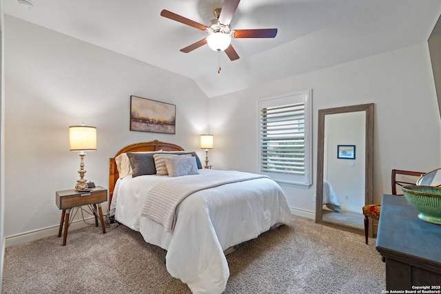 1235 Yaupon, New Braunfels, TX 78132 - bedroom with carpet, baseboards, vaulted ceiling, and ceiling fan