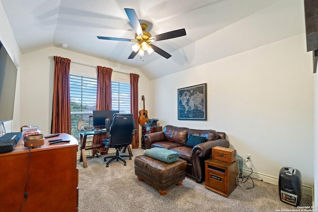 1235 Yaupon, New Braunfels, TX 78132 - carpeted office featuring vaulted ceiling, a ceiling fan, and baseboards