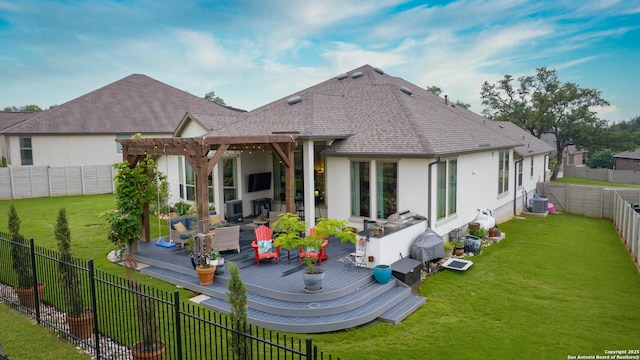 1235 Yaupon, New Braunfels, TX 78132 - back of house featuring a deck, a pergola, an outdoor hangout area, stucco siding, and a shingled roof