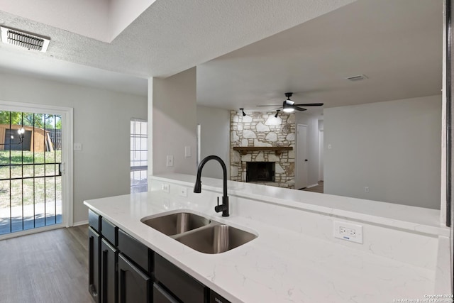 1102 Fillmore Dr, San Antonio, TX 78245 - kitchen featuring a sink, wood finished floors, dark cabinetry, a fireplace, and open floor plan