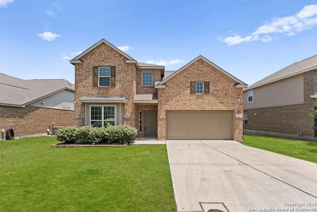 2317 Broken Wheel Ln, New Braunfels, TX 78130 - traditional home featuring brick siding, an attached garage, driveway, and a front lawn