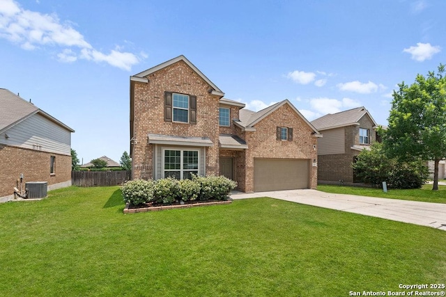 2317 Broken Wheel Ln, New Braunfels, TX 78130 - traditional-style home with brick siding, an attached garage, concrete driveway, and central AC
