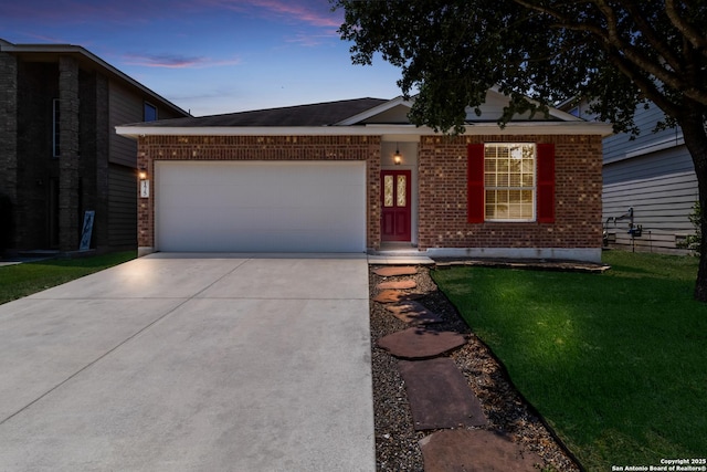 175 Katherine Way, San Antonio, TX 78253 - view of front facade featuring brick siding, concrete driveway, a garage, and a lawn