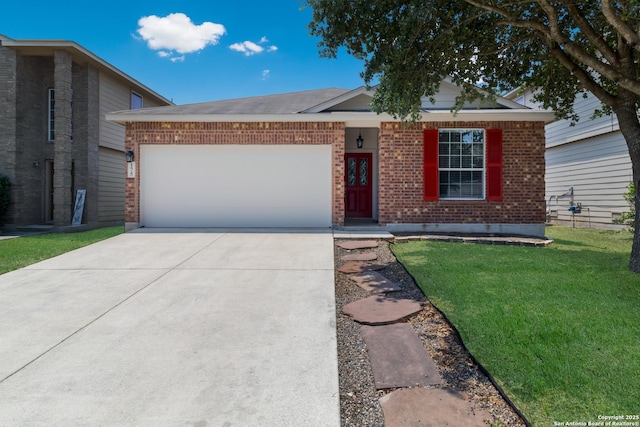 175 Katherine Way, San Antonio, TX 78253 - view of front of property with brick siding, an attached garage, driveway, and a front lawn