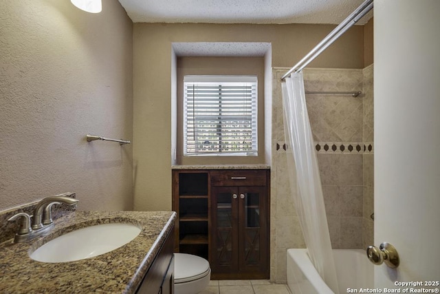 338 Tango Dr, San Antonio, TX 78216 - bathroom featuring toilet, tile patterned floors, shower / bath combo with shower curtain, and vanity