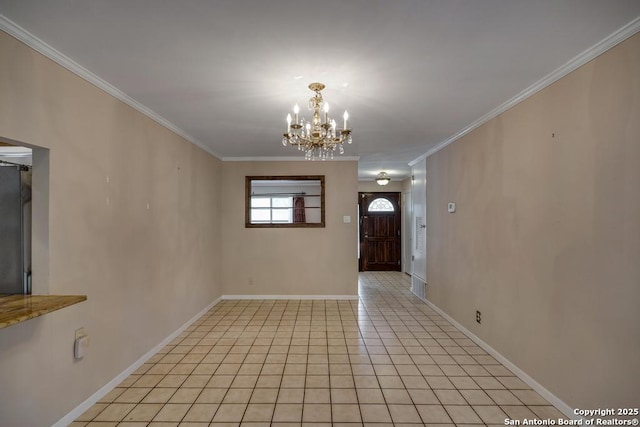338 Tango Dr, San Antonio, TX 78216 - entryway featuring a chandelier, crown molding, baseboards, and light tile patterned floors