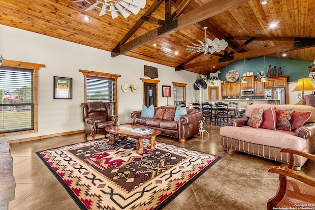 381 Schneider Rd, Seguin, TX 78155 - living area featuring ceiling fan, wooden ceiling, beamed ceiling, finished concrete flooring, and recessed lighting