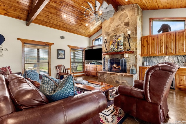 381 Schneider Rd, Seguin, TX 78155 - living area featuring wood ceiling, a stone fireplace, high vaulted ceiling, ceiling fan, and beamed ceiling