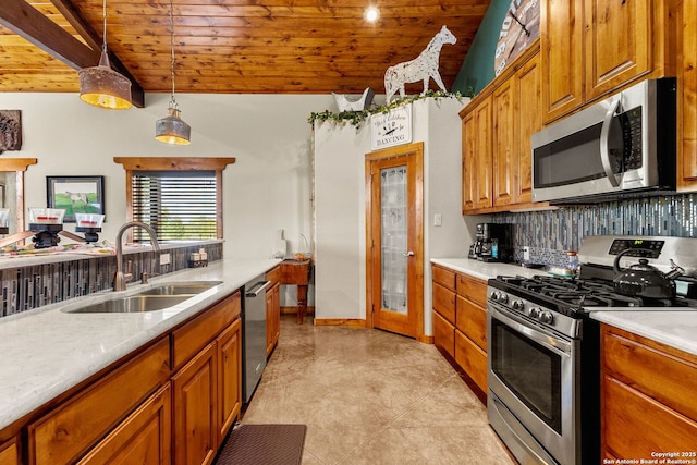 381 Schneider Rd, Seguin, TX 78155 - kitchen featuring stainless steel appliances, a sink, wooden ceiling, light countertops, and brown cabinets