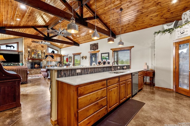 381 Schneider Rd, Seguin, TX 78155 - kitchen with a sink, wooden ceiling, open floor plan, a ceiling fan, and dishwasher