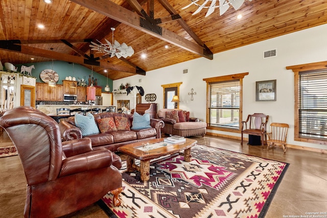 381 Schneider Rd, Seguin, TX 78155 - living room with a ceiling fan, wooden ceiling, beam ceiling, recessed lighting, and high vaulted ceiling