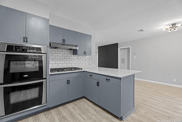 7626 Westfield, San Antonio, TX 78227 - kitchen with appliances with stainless steel finishes, under cabinet range hood, gray cabinetry, a peninsula, and light wood-type flooring