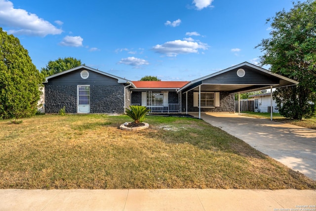 7626 Westfield, San Antonio, TX 78227 - ranch-style house with stone siding, a front lawn, a carport, and a porch