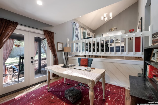 2930 Low Oak St, San Antonio, TX 78232 - dining area featuring french doors, a chandelier, lofted ceiling, and wood finished floors