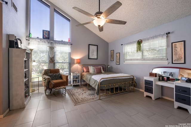 2930 Low Oak St, San Antonio, TX 78232 - bedroom featuring multiple windows, a textured ceiling, high vaulted ceiling, and a ceiling fan