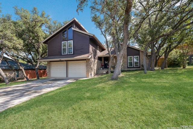 2930 Low Oak St, San Antonio, TX 78232 - view of front of property with a garage, brick siding, concrete driveway, and a front lawn
