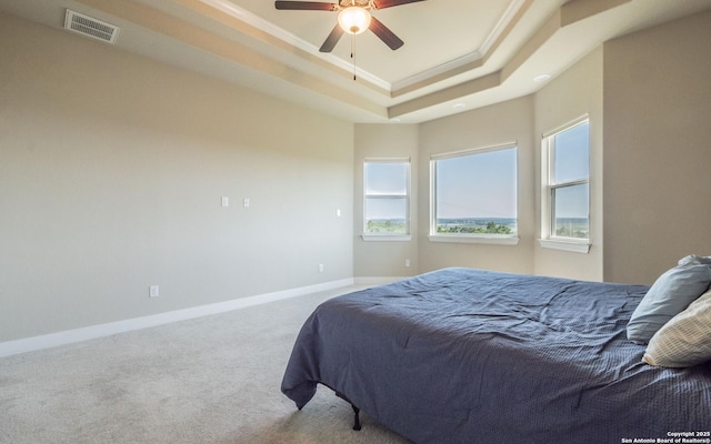22793 N Cranes Mill Rd, Canyon Lake, TX 78133 - bedroom featuring a raised ceiling, crown molding, carpet flooring, baseboards, and ceiling fan