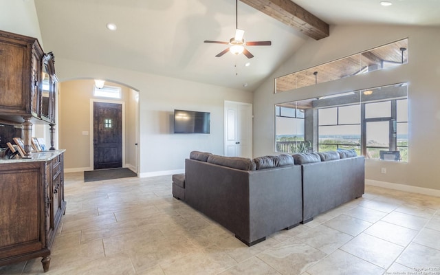 22793 N Cranes Mill Rd, Canyon Lake, TX 78133 - living area featuring arched walkways, ceiling fan, recessed lighting, and baseboards