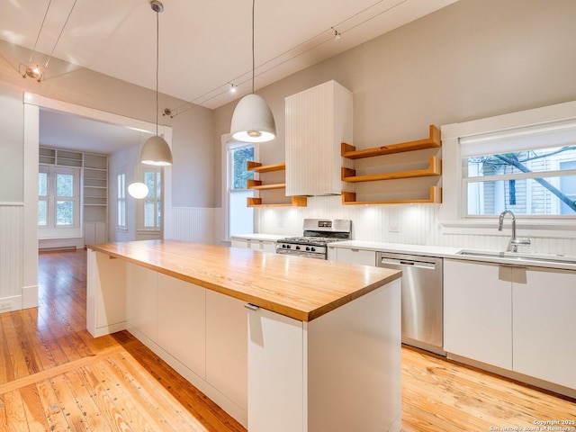 302 Cedar, San Antonio, TX 78210 - kitchen featuring appliances with stainless steel finishes, open shelves, a sink, light wood-style floors, and wainscoting