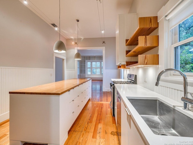 302 Cedar, San Antonio, TX 78210 - kitchen with a sink, appliances with stainless steel finishes, butcher block countertops, open shelves, and a wainscoted wall