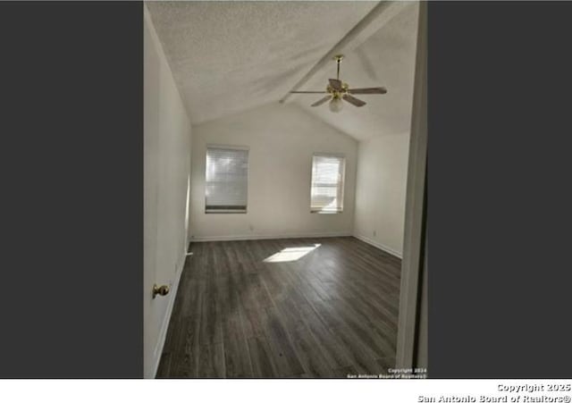 4614 Acacia Woods, San Antonio, TX 78249 - empty room featuring a ceiling fan, baseboards, lofted ceiling, wood finished floors, and a textured ceiling
