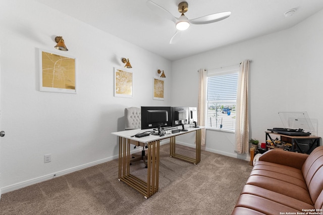 5903 Geronimo, Seguin, TX 78155 - office area featuring light colored carpet, ceiling fan, and baseboards