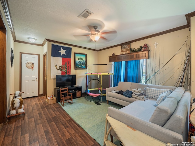 15411 Cranes Mill Rd, Canyon Lake, TX 78133 - living room with wood finished floors, ceiling fan, and ornamental molding
