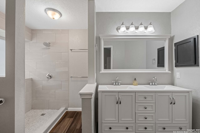6909 Quail Lk, San Antonio, TX 78244 - bathroom featuring wood finished floors, tiled shower, and double vanity