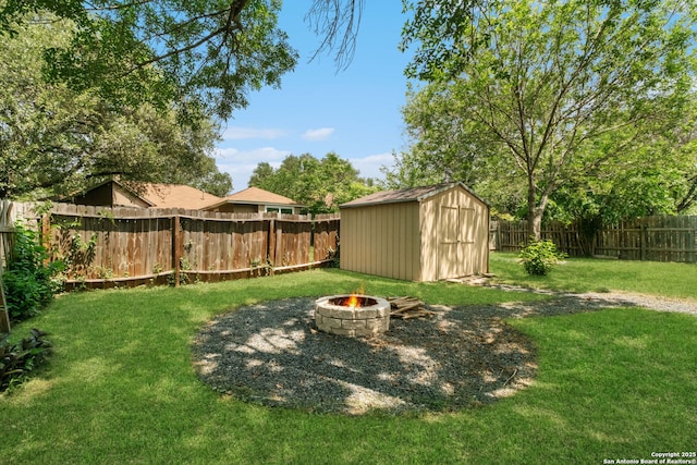 6909 Quail Lk, San Antonio, TX 78244 - view of yard with a fire pit, a storage shed, and an outdoor structure