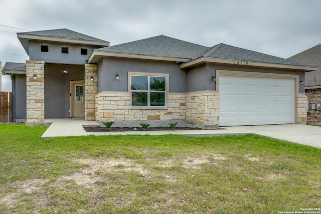 13508 Cranbrook, Live Oak, TX 78233 - prairie-style home with stone siding, roof with shingles, concrete driveway, and a garage