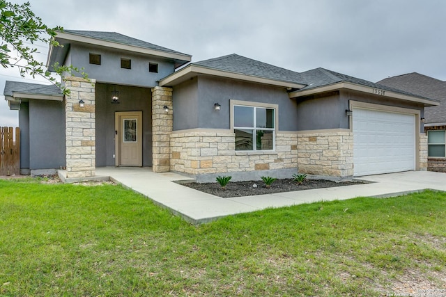 13508 Cranbrook, Live Oak, TX 78233 - prairie-style home with stone siding, concrete driveway, an attached garage, and stucco siding